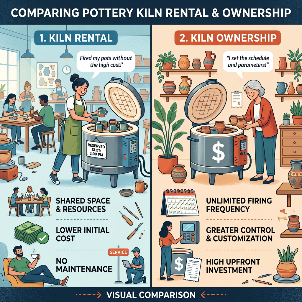 Split scene comparing pottery kiln rental and ownership